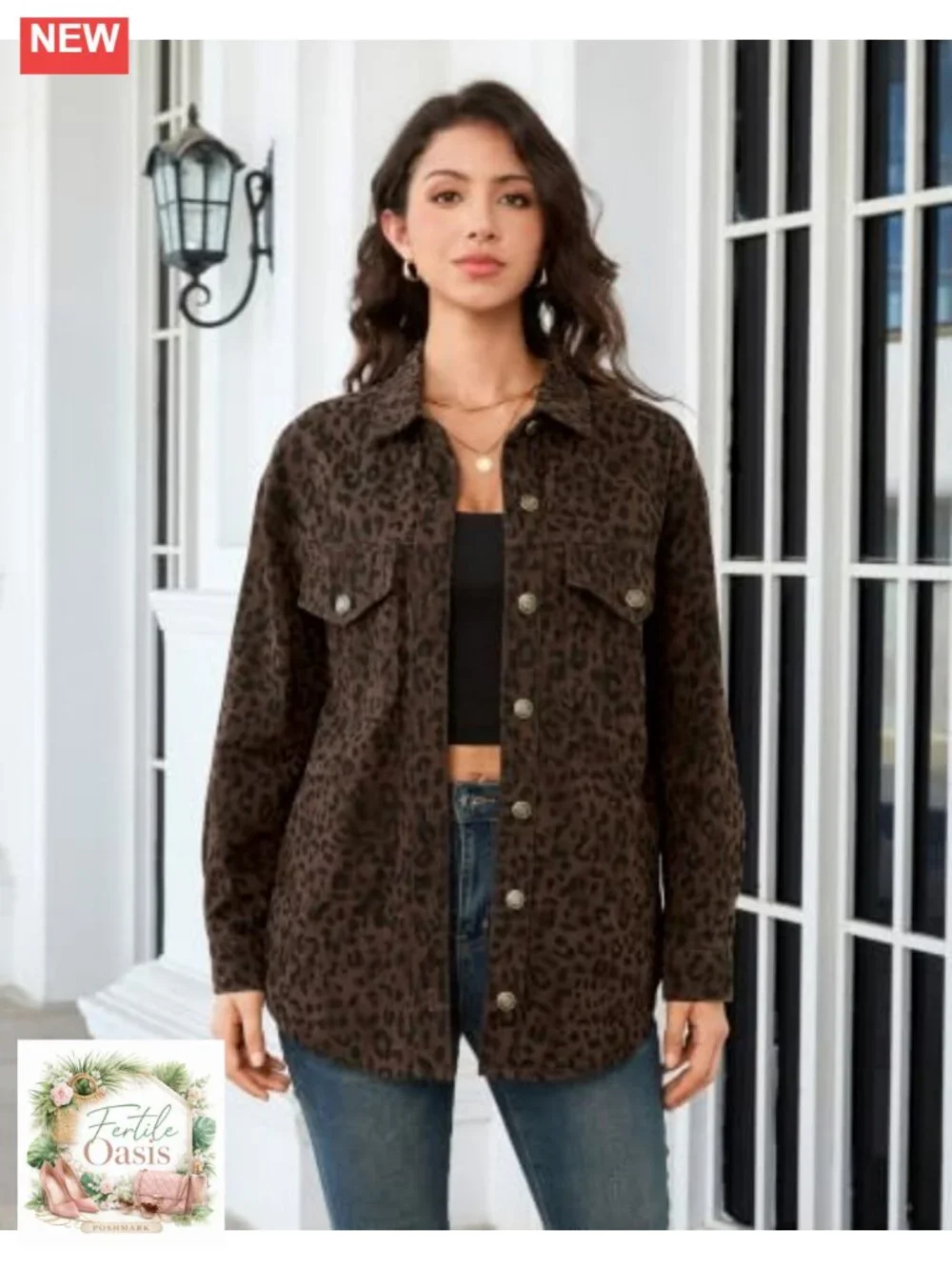 Oversized Leopard Print Denim Jacket Women Button Down Long Sleeve Shacket